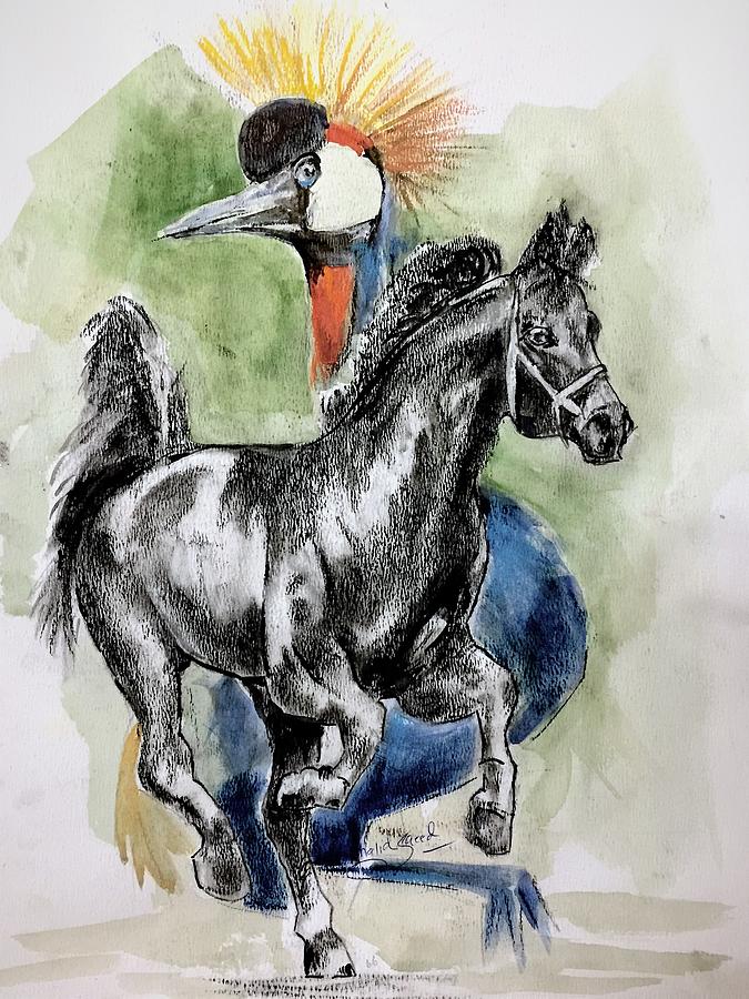 Foal with crowned crane. Mixed Media by Khalid Saeed