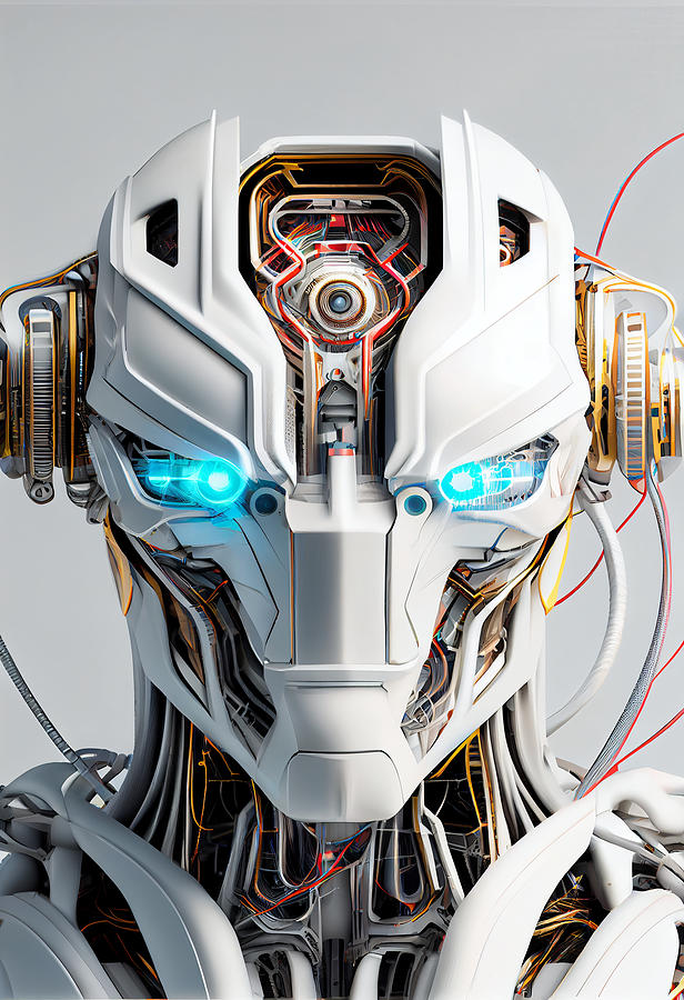 focus  on  a  white  robotic  head  with  cables  conne  edbcc    bbf  de  dd by Asar Studios Digital Art