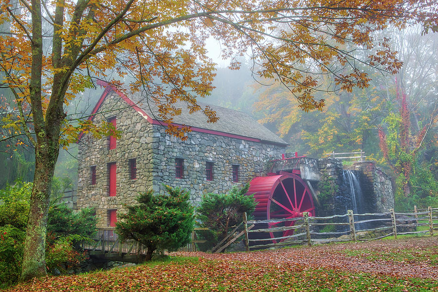 Fog and Fall Colors at the Sudbury Grist Mill Photograph by Juergen Roth