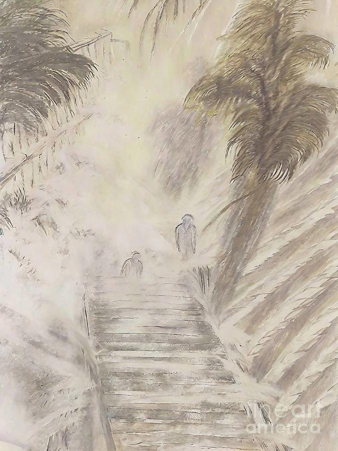 Beach Painting - Fog on the Gulf Painting sea early morning fog mist ocean chinese painting illustration ink landscape ink painting landscape painting mountain stone traditional chinese painting advert advertisement by N Akkash