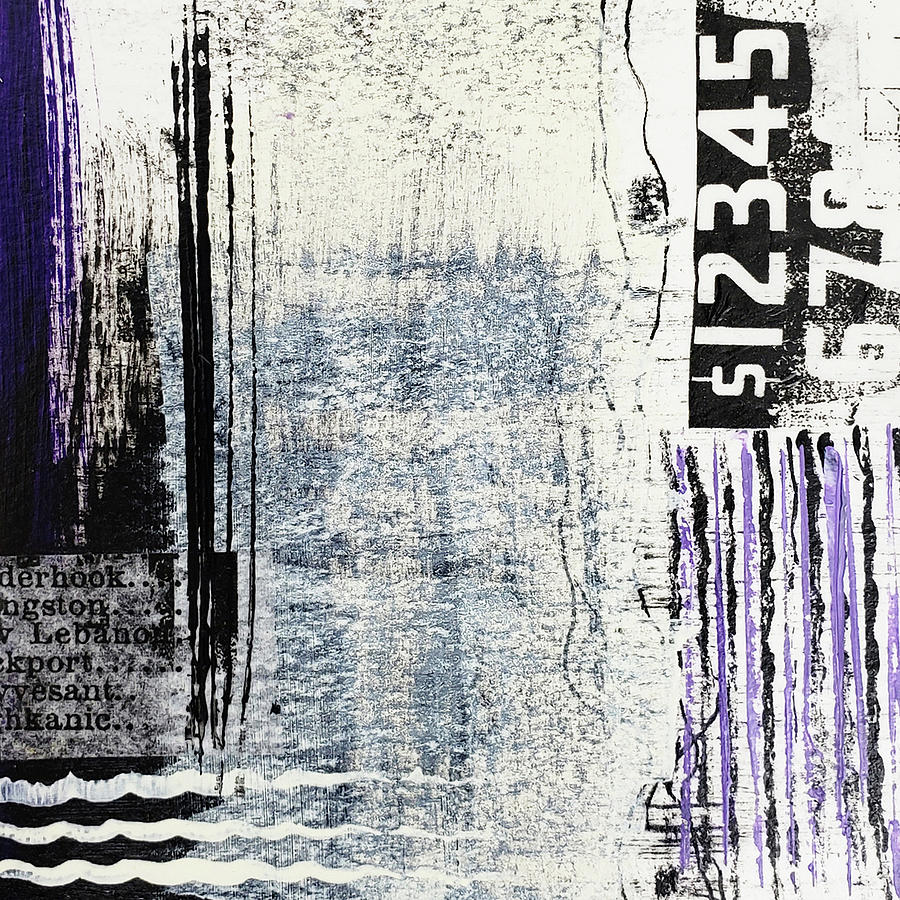 Fog On The Thames Abstract Collage In Black White Purple Foggy Numbers Mixed Media by Lynnie Lang