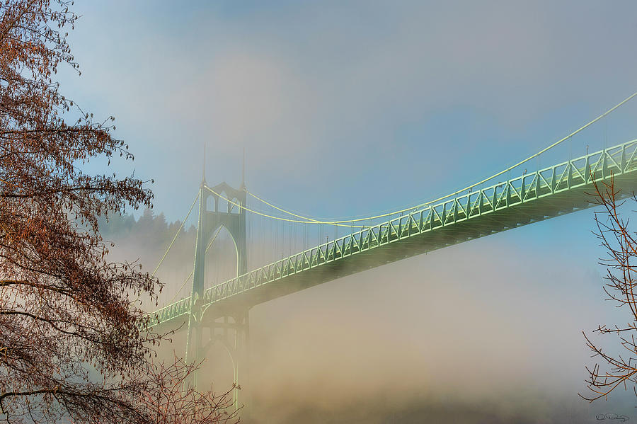 Fog Shrouded St. Johns Bridge Portland Oregon Photograph by Dee Browning