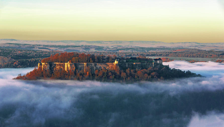 Fog surrounding Fortress Koenigstein Photograph by Sun Travels