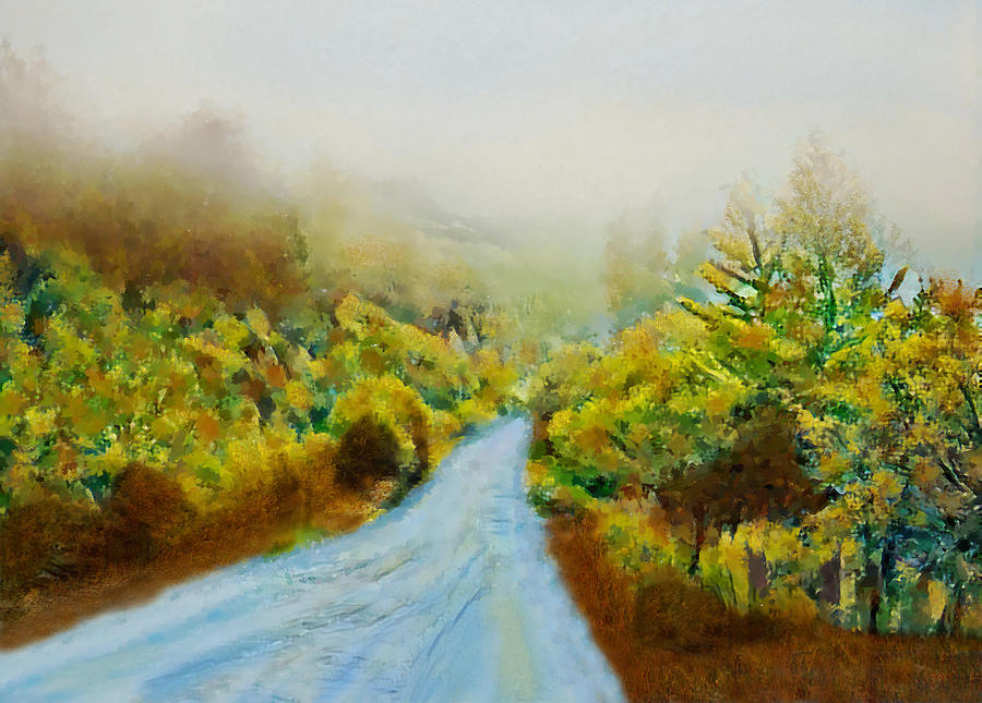 Foggy Autumn Day In The Woods Painted Digital Art Mixed Media by Sandi OReilly