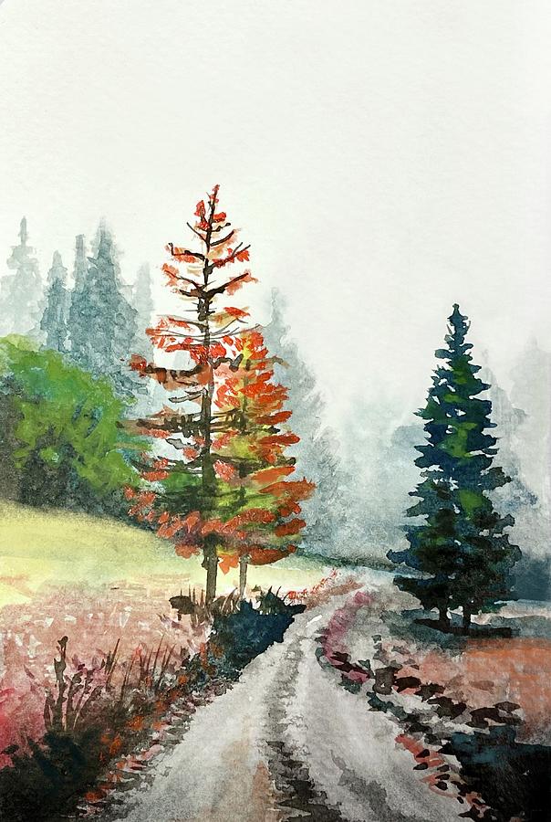Foggy Autumn, Orange Larch Painting by Masha Batkova