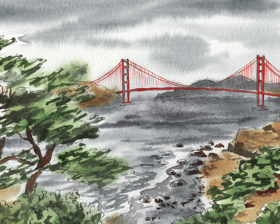 Foggy Cloudy Day In San Francisco Watercolor Golden Gate Bridge  Painting by Irina Sztukowski