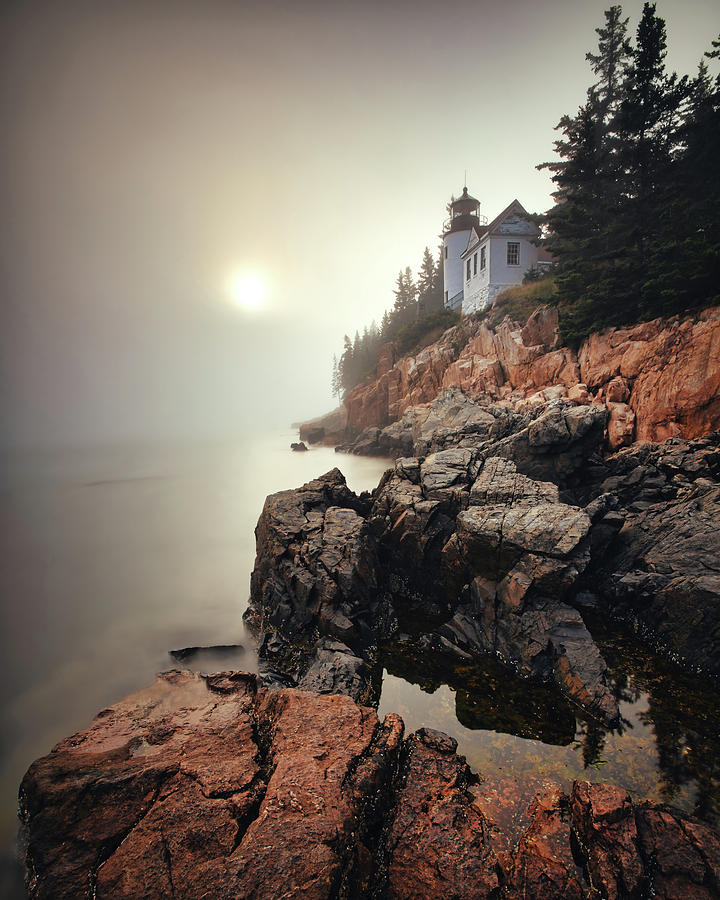 Foggy Day at Bass Harbor Head Light Photograph by Jerry Fornarotto