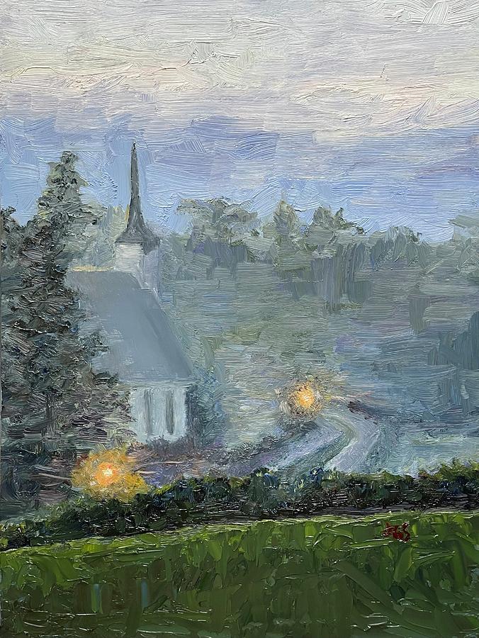 Landscape Painting - Foggy Evening - Squirrel Island Chapel by Jennifer Gorman-Strawbridge