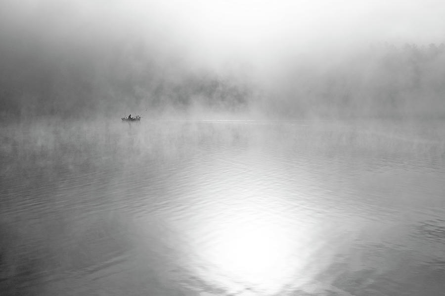 Foggy Fishing Boat on Walden Pond Concord Massachusetts as Sunrise Black and White Photograph by Toby McGuire