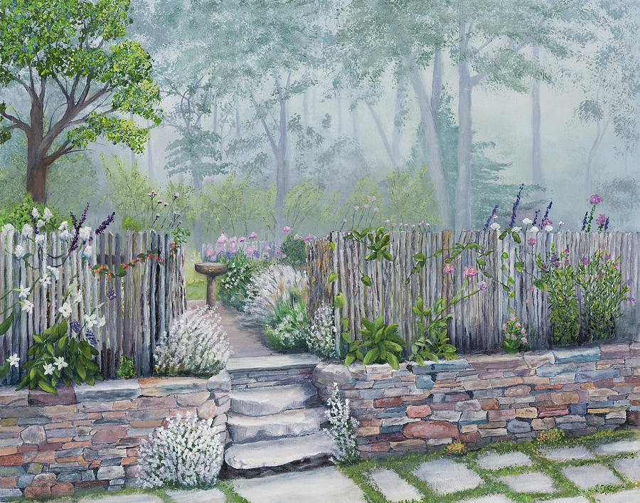Foggy garden Painting by Nadine Button