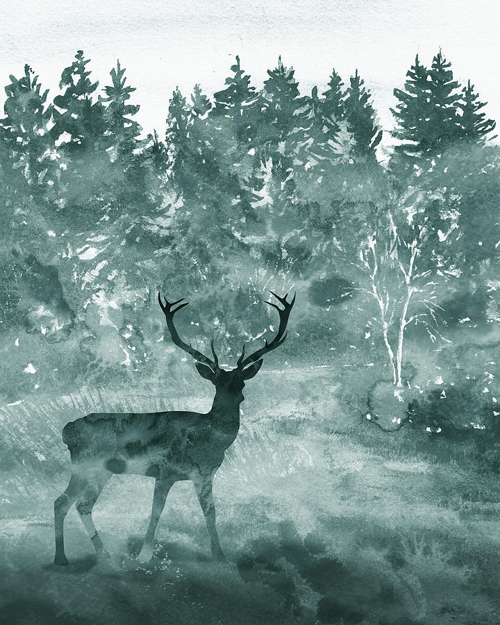 Foggy Grey Morning Deer Watercolor Silhouette In The Forest Painting By Irina Sztukowski