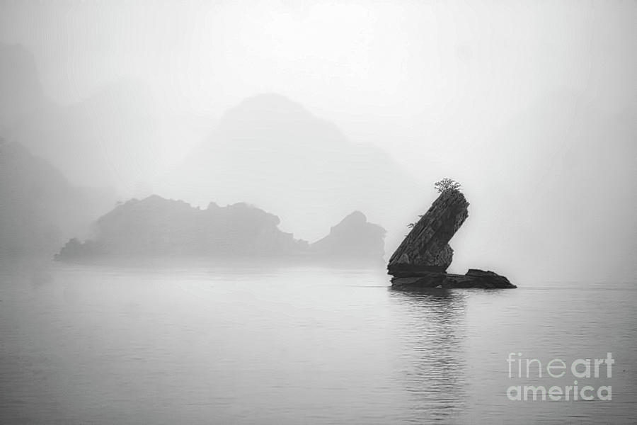 Inspirational Photograph - Foggy Landscape Ha Long Bay BW  by Chuck Kuhn