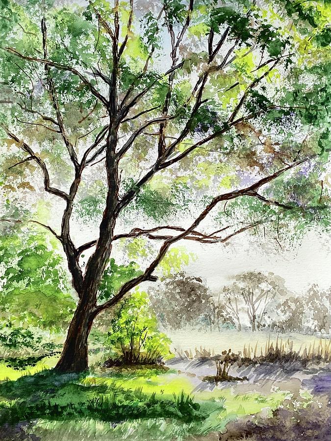 Foggy Landscape with a Tree 1 Painting by Masha Batkova