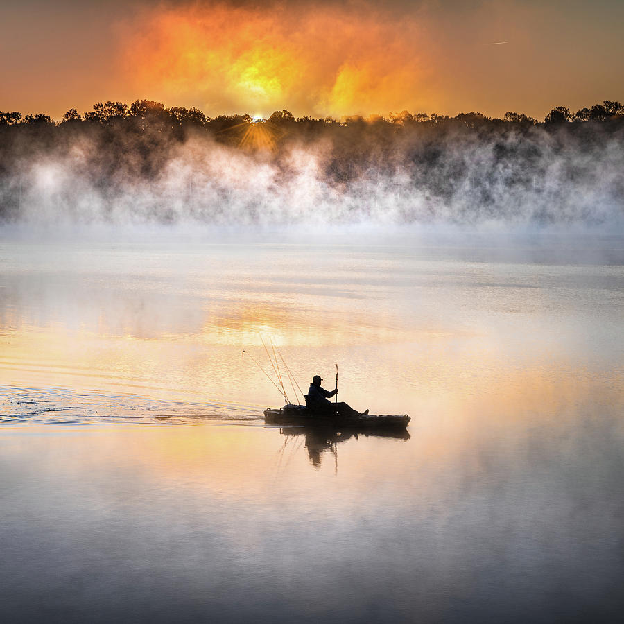 Foggy Morning Kayak Fisherman Sunrise Lake Mississippi Photograph by Jordan Hill