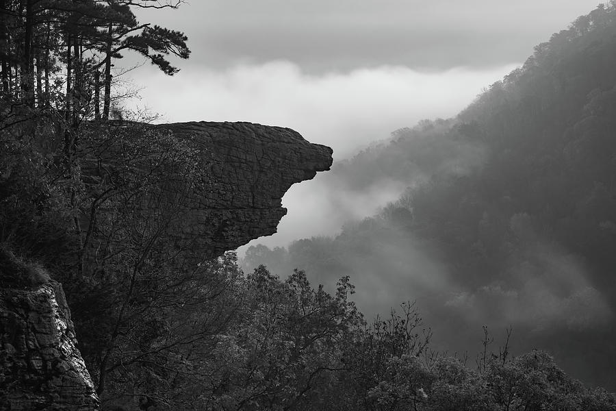 Foggy Mountain Landscape and Hawksbill Crag Silhouette in Black and White Photograph by Gregory Ballos