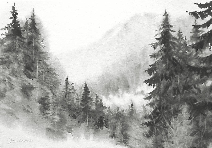 Black And White Painting - Foggy Mountain Landscape by Olena Kishkurno