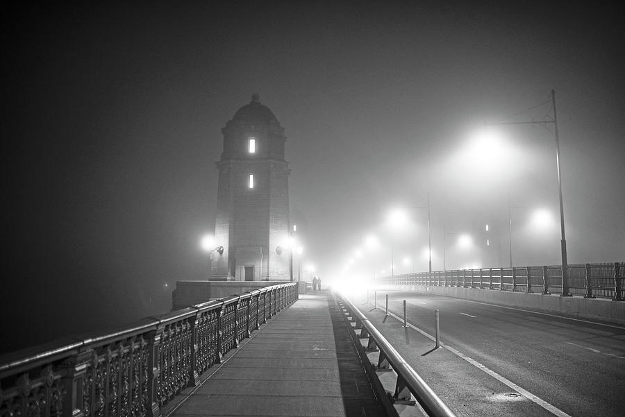Foggy Night on the Longfellow Bridge Boston MA Moody Night Black and White Photograph by Toby McGuire