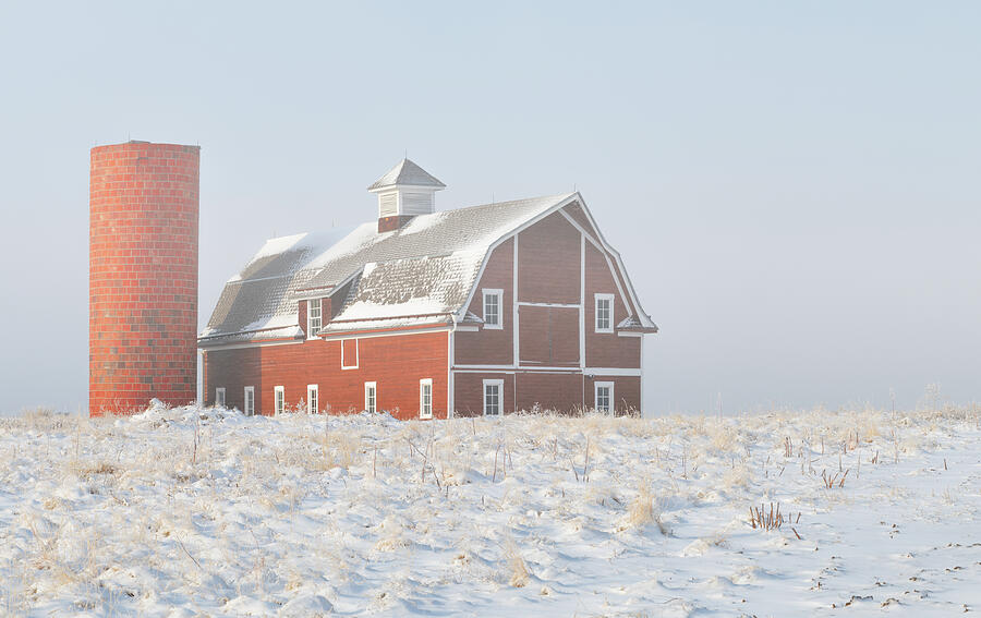 Foggy Red Barn in Snow Photograph by Darren White Foggy Red Barn in Snow Photograph by Darren White