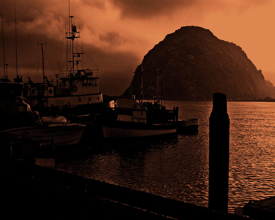 FOGGY SUNSET ON THE DOCKS - Sepia Photograph by Walter Fahmy