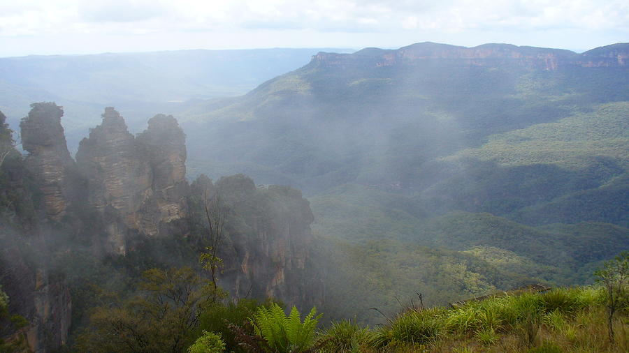 Foggy Three Sisters in the Blue Mountains Photograph by Kathrin Poersch