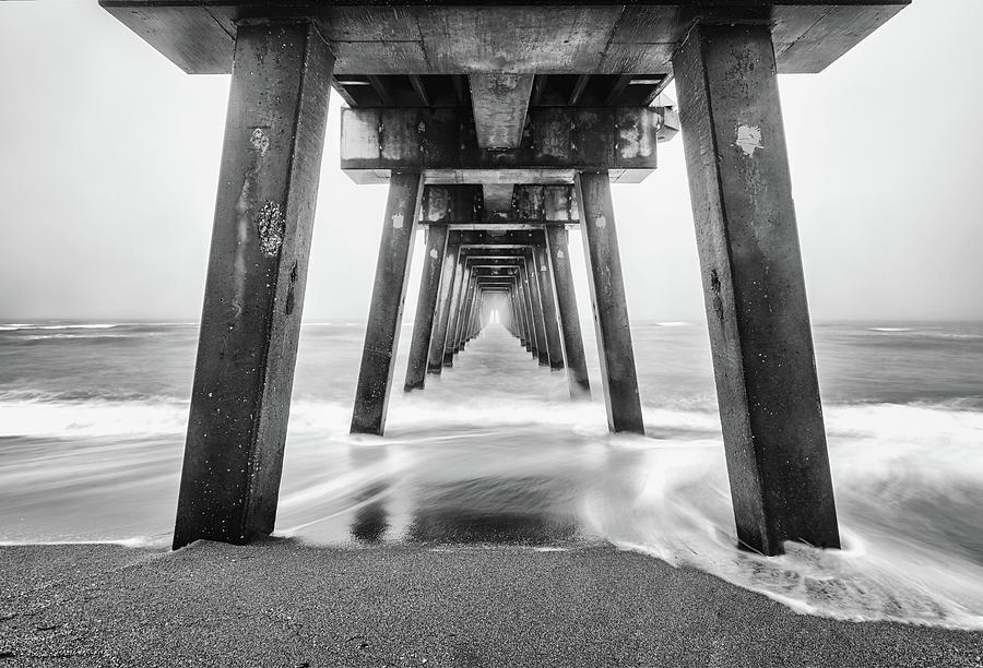 Foggy Venice Fishing Pier BW Photograph by Rudy Wilms