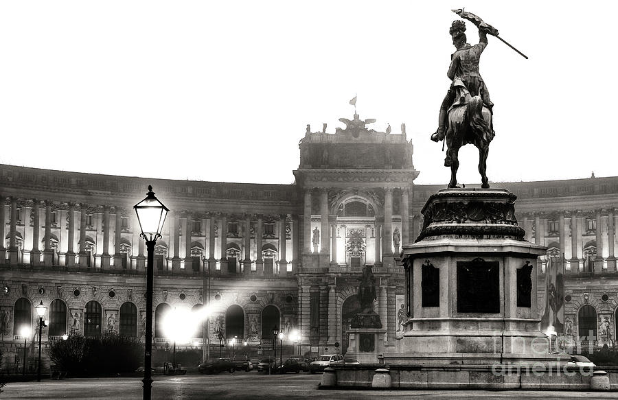 Architecture Photograph - Foggy Vienna Night at Heldenplatz by John Rizzuto