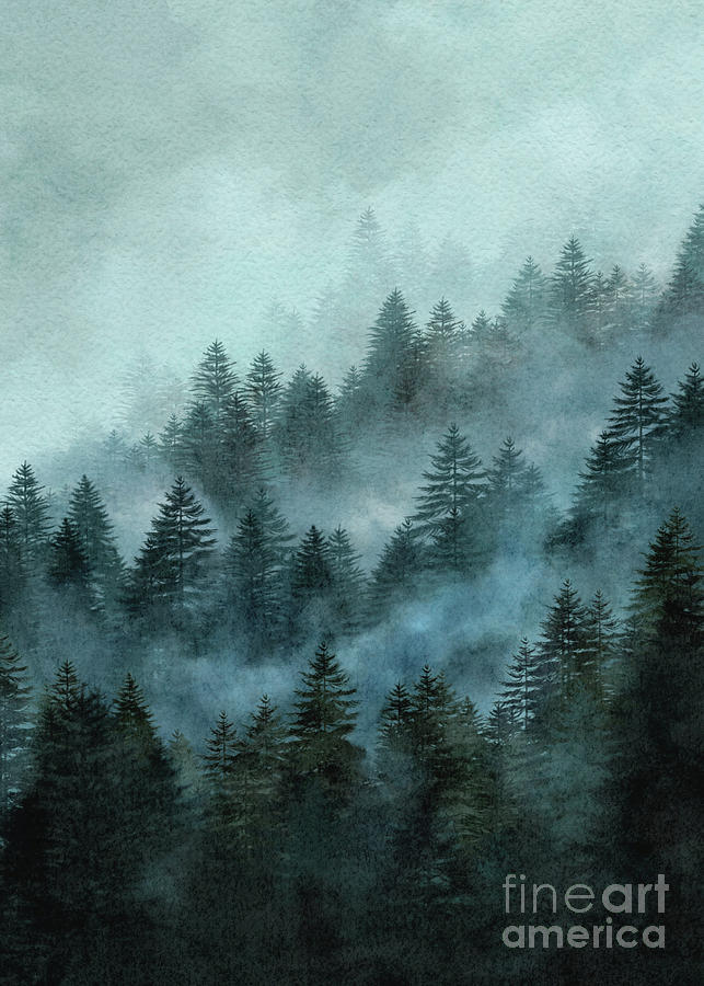Foggy Watercolor Forest, Pine and Fir Trees Digital Art by Amusing DesignCo