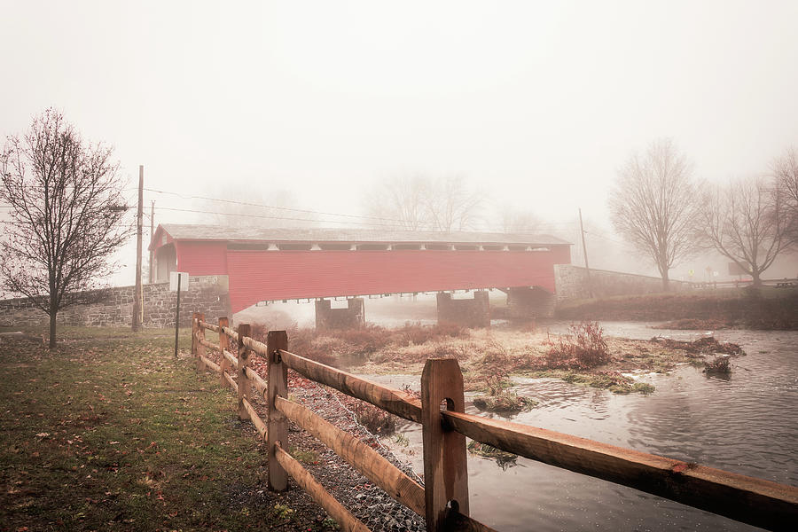 Foggy Wehrs Covered Bridge and Jordan Creek Photograph by Jason Fink