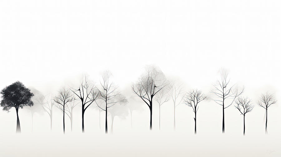 Foggy Whispers - Black and White Foggy Forest Art Painting by Lourry Legarde