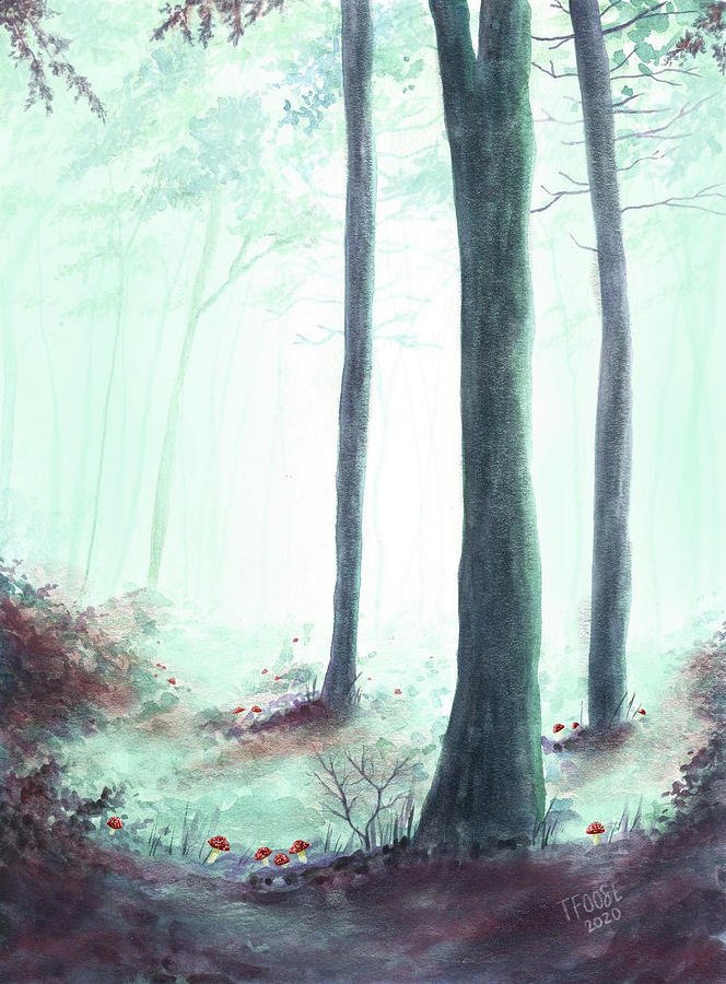 Foggy Woods With Mushrooms Painting