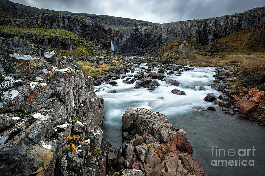 Folaldafoss waterfall and glacial river, Berufjordur, East Fjord Photograph by Jane Rix
