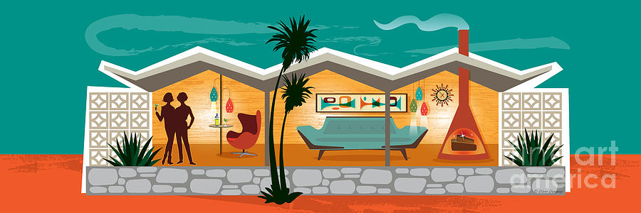 Folded Plate Roof Mid Century Modern House Female Couple Panorama Digital Art by Diane Dempsey