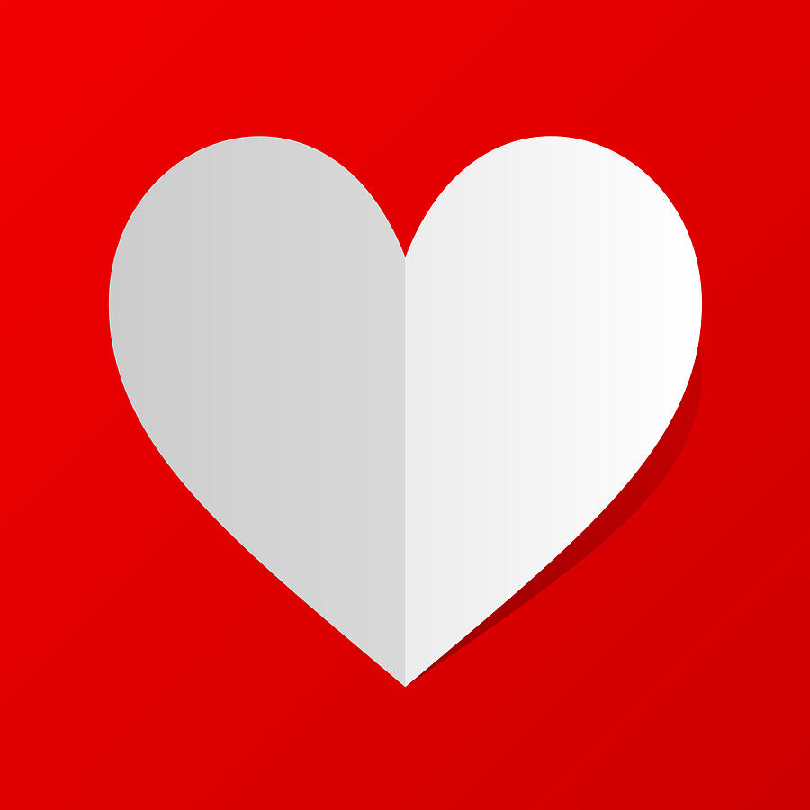 Folded white paper heart Icon with shadow on red background. Minimal flat red love symbol. Drawing by Dimitris66