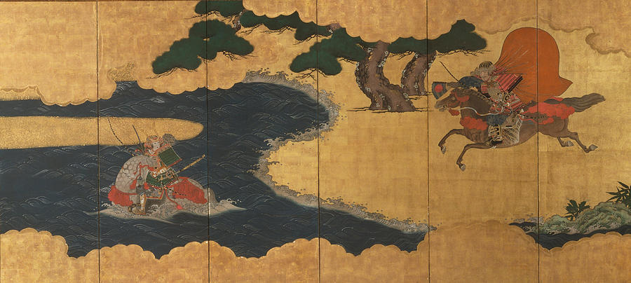 Folding Screen with Design of the Battle of Ichinotani Painting by Tosa ...