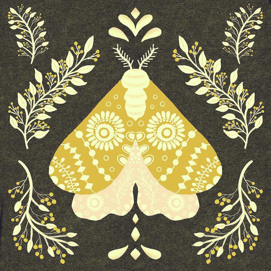 Folk Art Moth in Gold Digital Art by Marcy Brennan