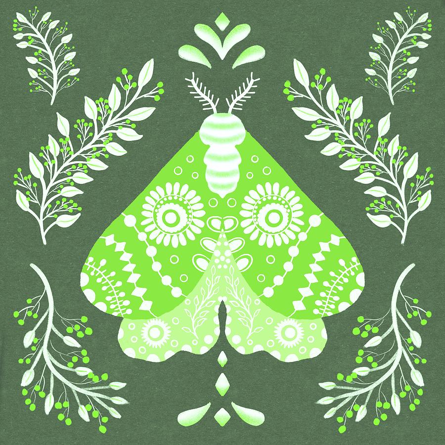 Folk Art Moth in Green Digital Art by Marcy Brennan