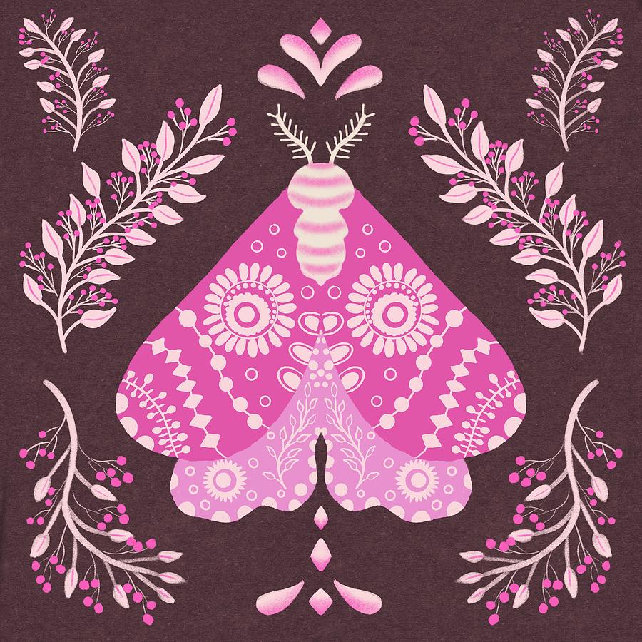 Folk Art Moth in hot pink Digital Art by Marcy Brennan