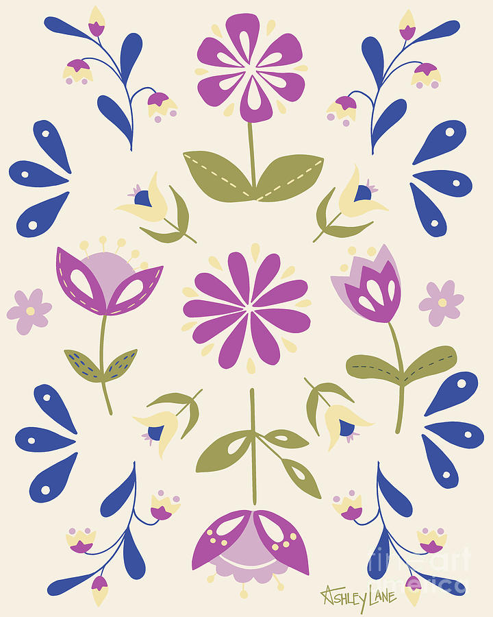 Folk Flower Pattern in Beige and Purple Digital Art by Ashley Lane