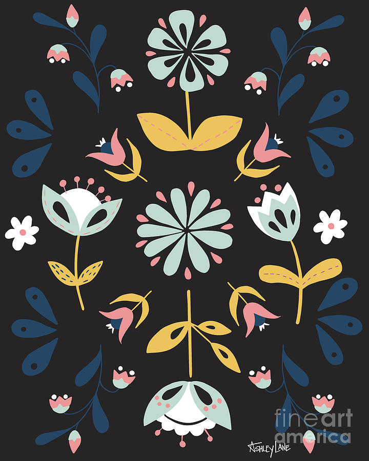 Folk Flower Pattern in Black and Blue Digital Art by Ashley Lane