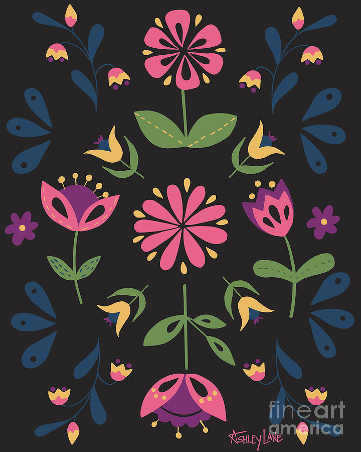 Folk Flower Pattern in Black and Pink Painting by Ashley Lane