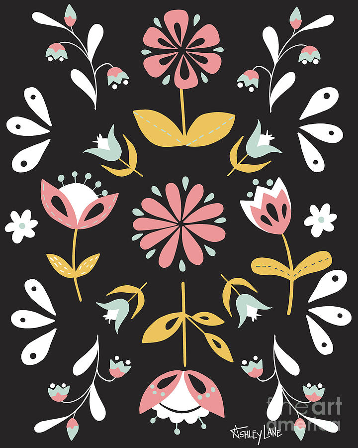 Folk Flower Pattern in Black and White Digital Art by Ashley Lane