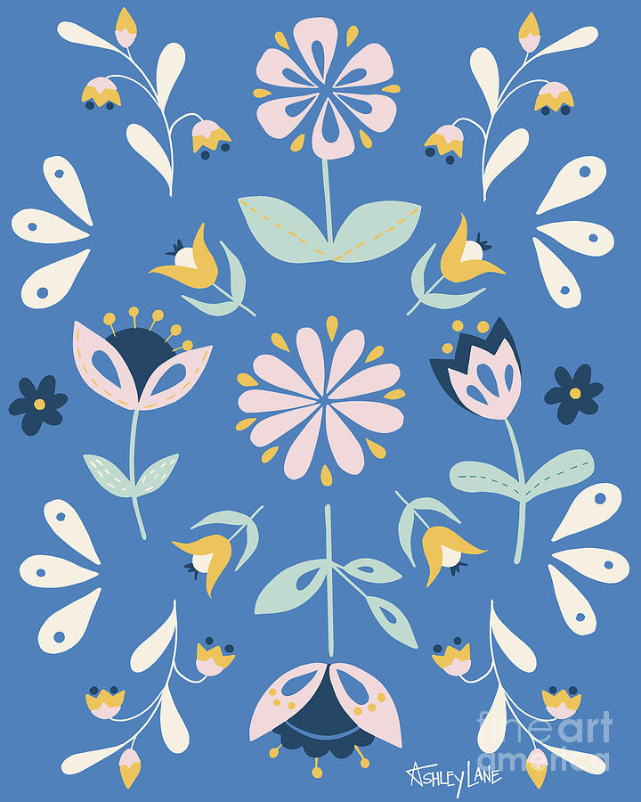 Folk Flower Pattern in Blue Painting by Ashley Lane