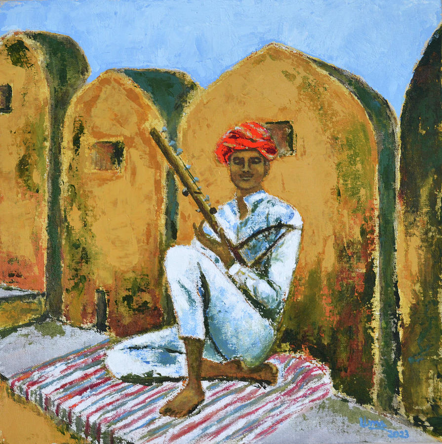 Folk singer of Rajasthan Painting by Uma Krishnamoorthy