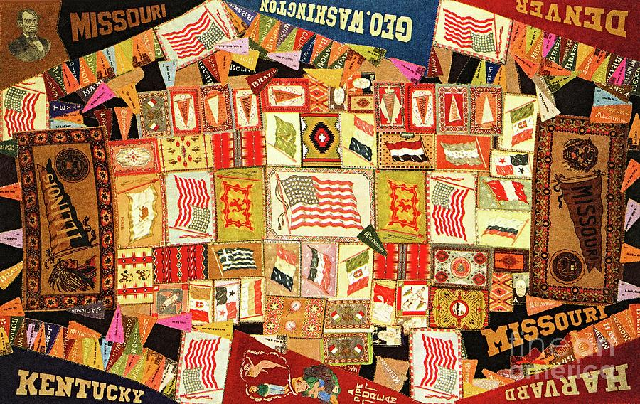 Folky Antique Americana Patchwork Quilt with College, University, State and Countries Pennants Tapestry - Textile by Peter Ogden