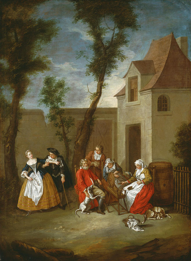 Follower of Nicolas Lancret -French, 16901743- / Family spinning in front of a house and Childre... Painting by Nicolas Lancret