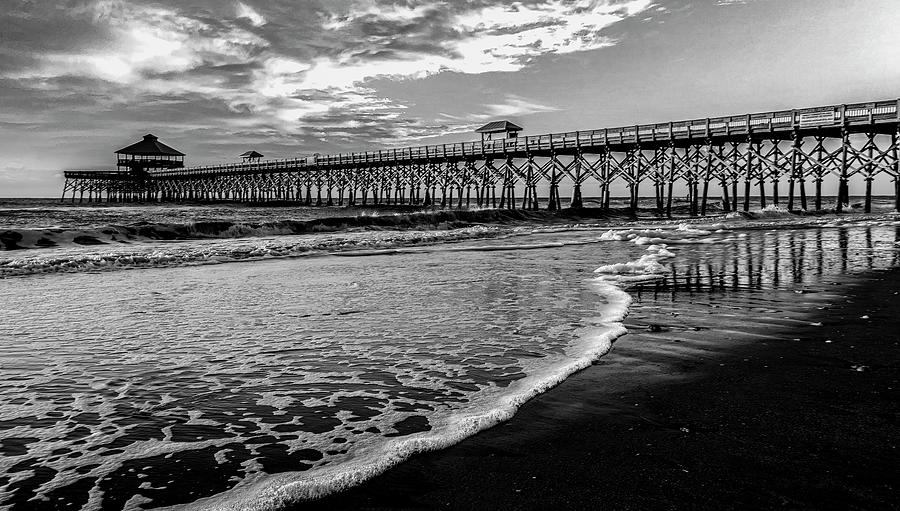 Folly Beach Pier at Sunrise, Black and White Photograph by Marcy Wielfaert