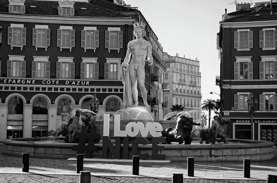 Fontaine du Soleil Fountain of the Sun Place Massena Nice France Black and White Photograph by Shawn OBrien