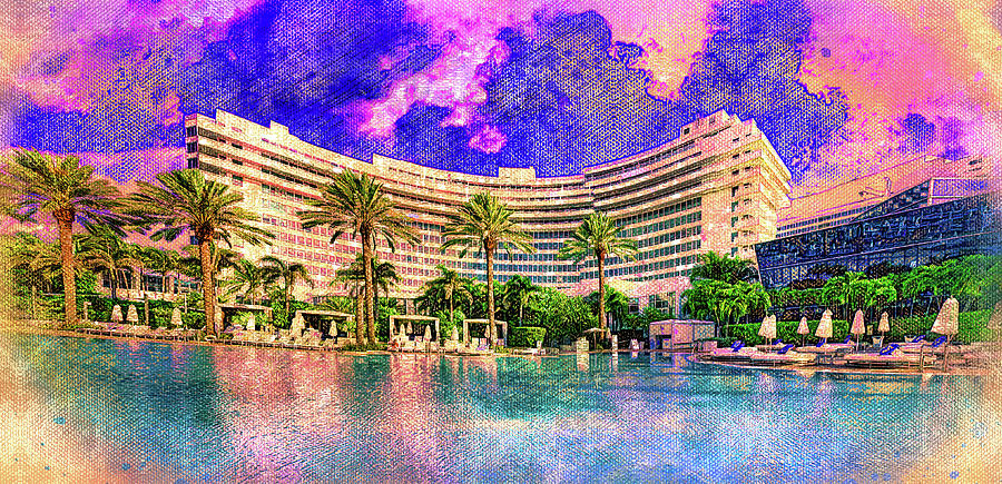 Fontainebleau Miami Beach seen from the swimming pool at sunset - digital painting Digital Art by Nicko Prints