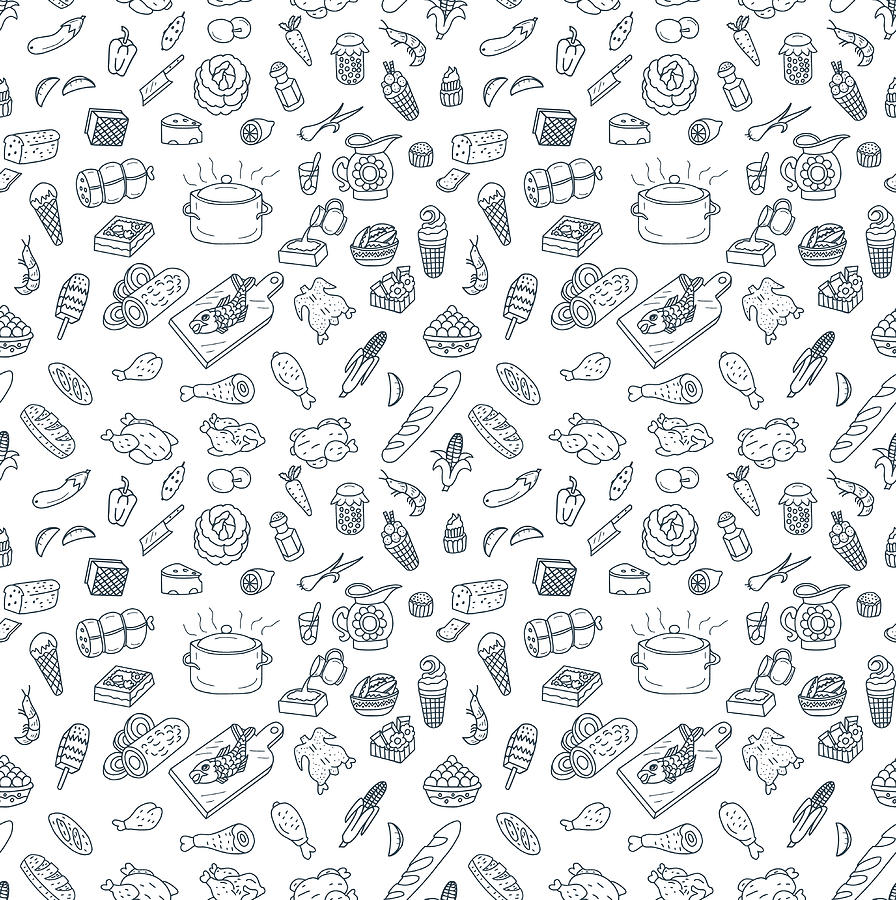 Food and Cooking Seamless Pattern Doodles Drawing by Magnilion