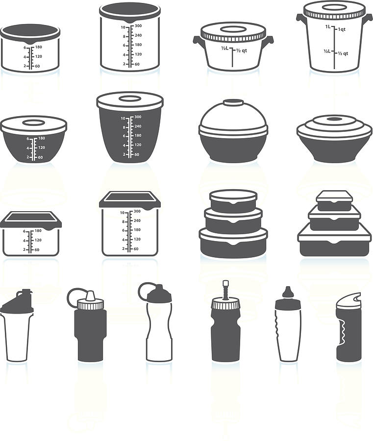 Food and Liquid Containers black & white vector icon set Drawing by Bubaone